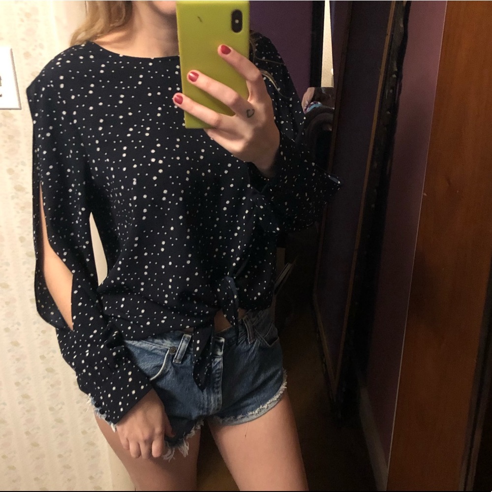 Navy & White Polka Dot Open Shoulder Long Sleeve